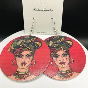 NWT Wooden Exquisite African Beauty Print Round Dangle Earrings Bohemian
